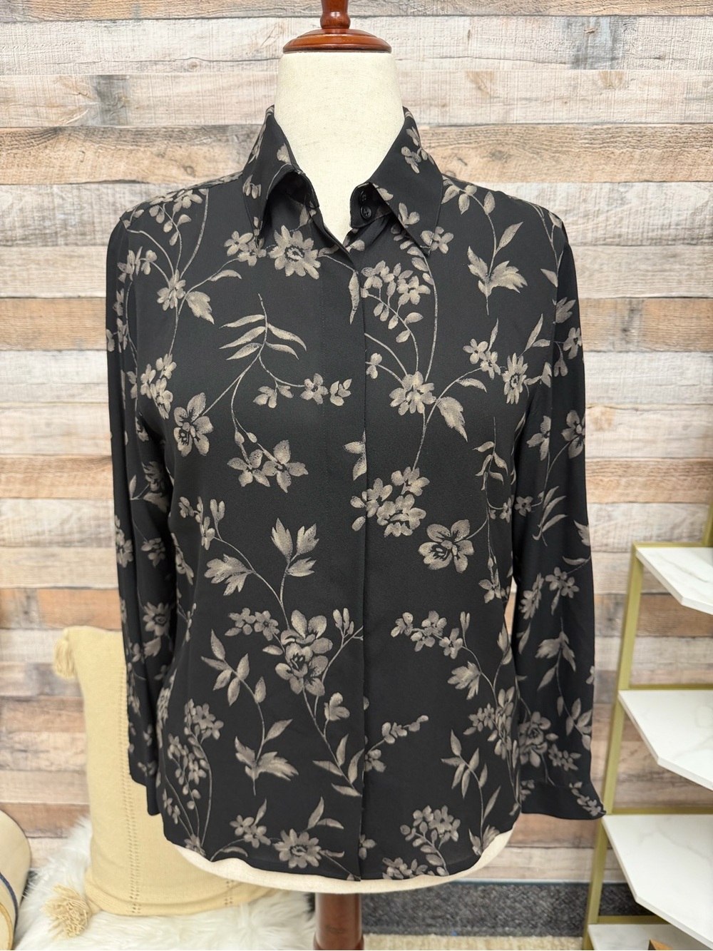 Women's Black Floral Button-Up Blouse